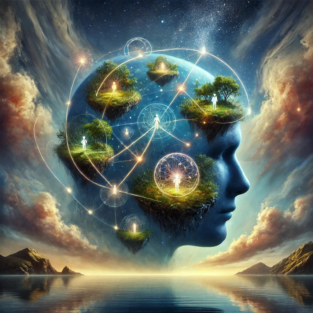 DALL·E 2024-10-20 00.44.04 – A surreal and dreamlike image of a human head with floating islands representing different sub-personalities connected across its surfac