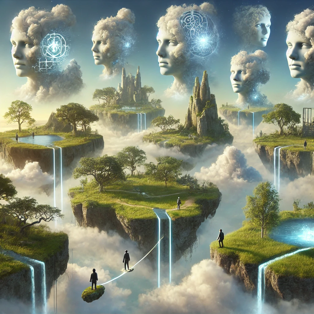 DALL·E 2024-10-22 14.03.47 – A realistic scene showing an archipelago of islands floating in the sky, each island representing different parts of